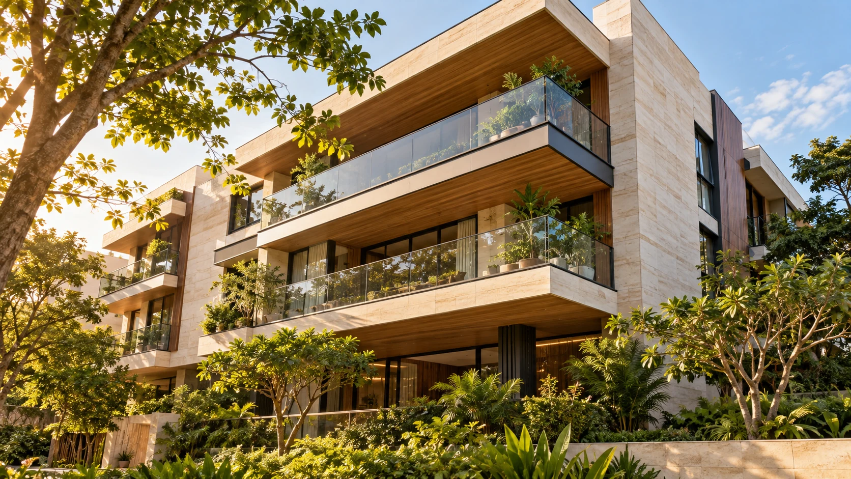 Referência arquitetônica de empreendimento residencial com varandas e fachada contemporânea