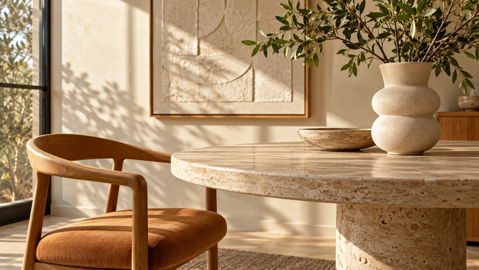 Detalhes de interiores: mesa de pedra natural, cadeira e arranjo de folhagens