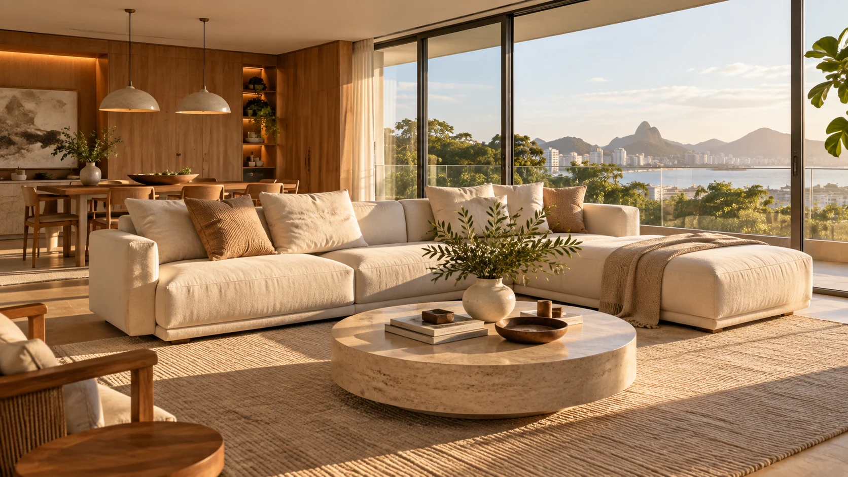 Inspiração: apartamento contemporâneo com sala integrada, madeira e acabamentos naturais